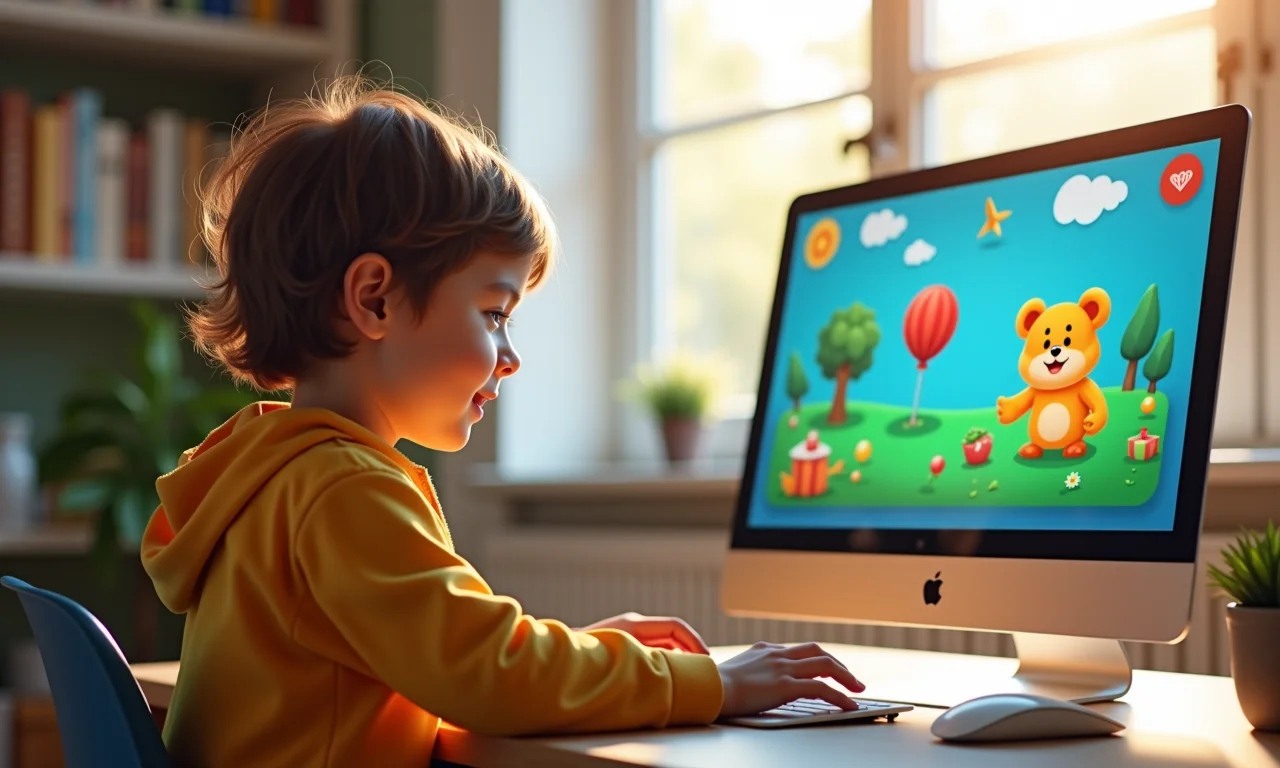 Criança feliz jogando game educativo em um PC colorido.