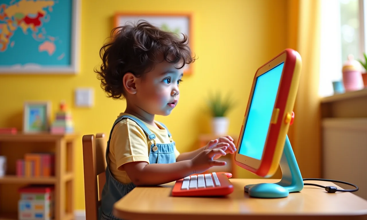 Criança pequena interagindo com PC colorido para sua idade.
