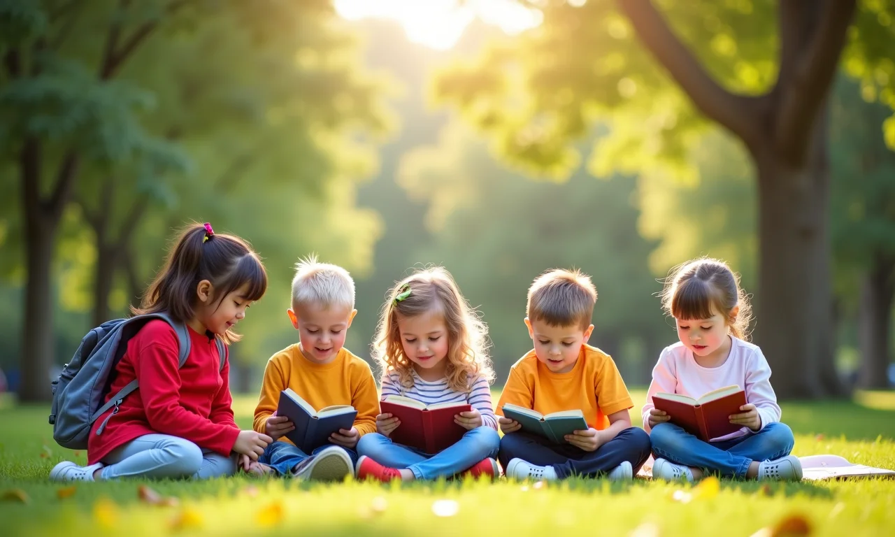 Crianças em atividades diversas, incluindo uso equilibrado de PC.