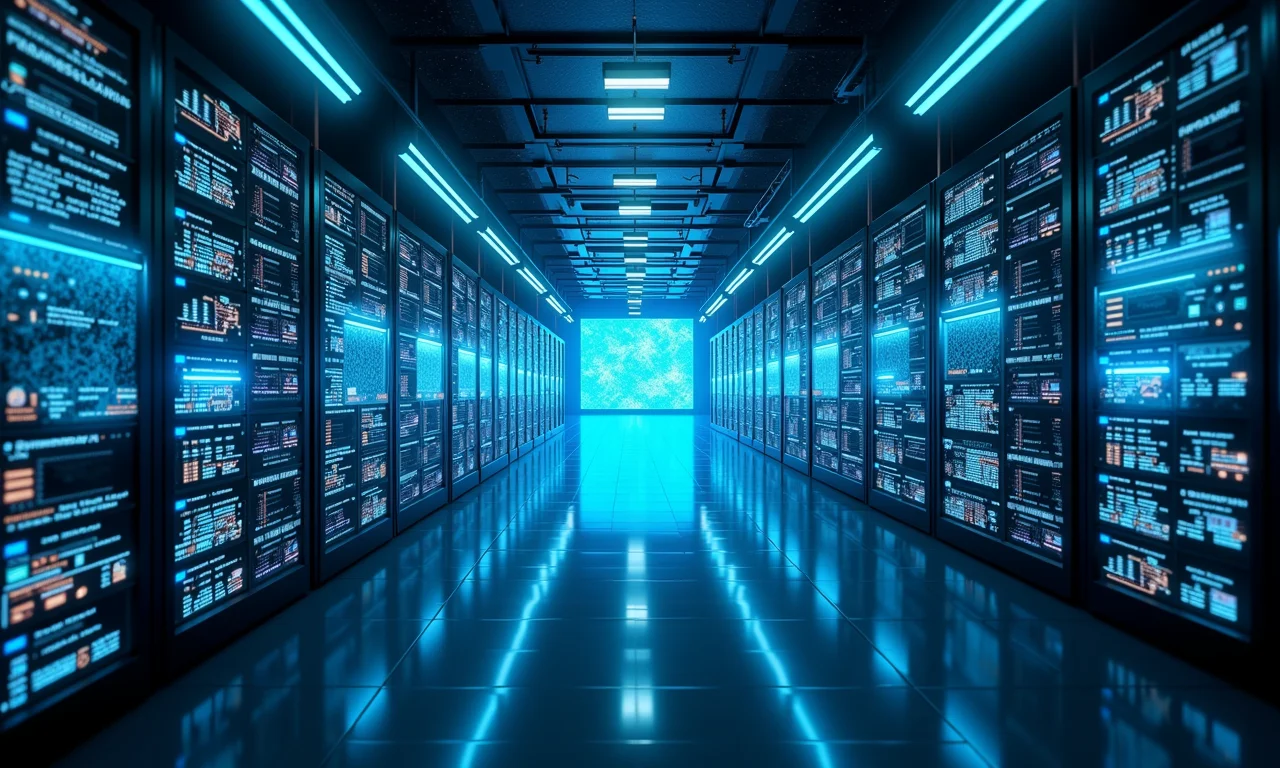 Data center futurístico com projeções holográficas de workflows dbt