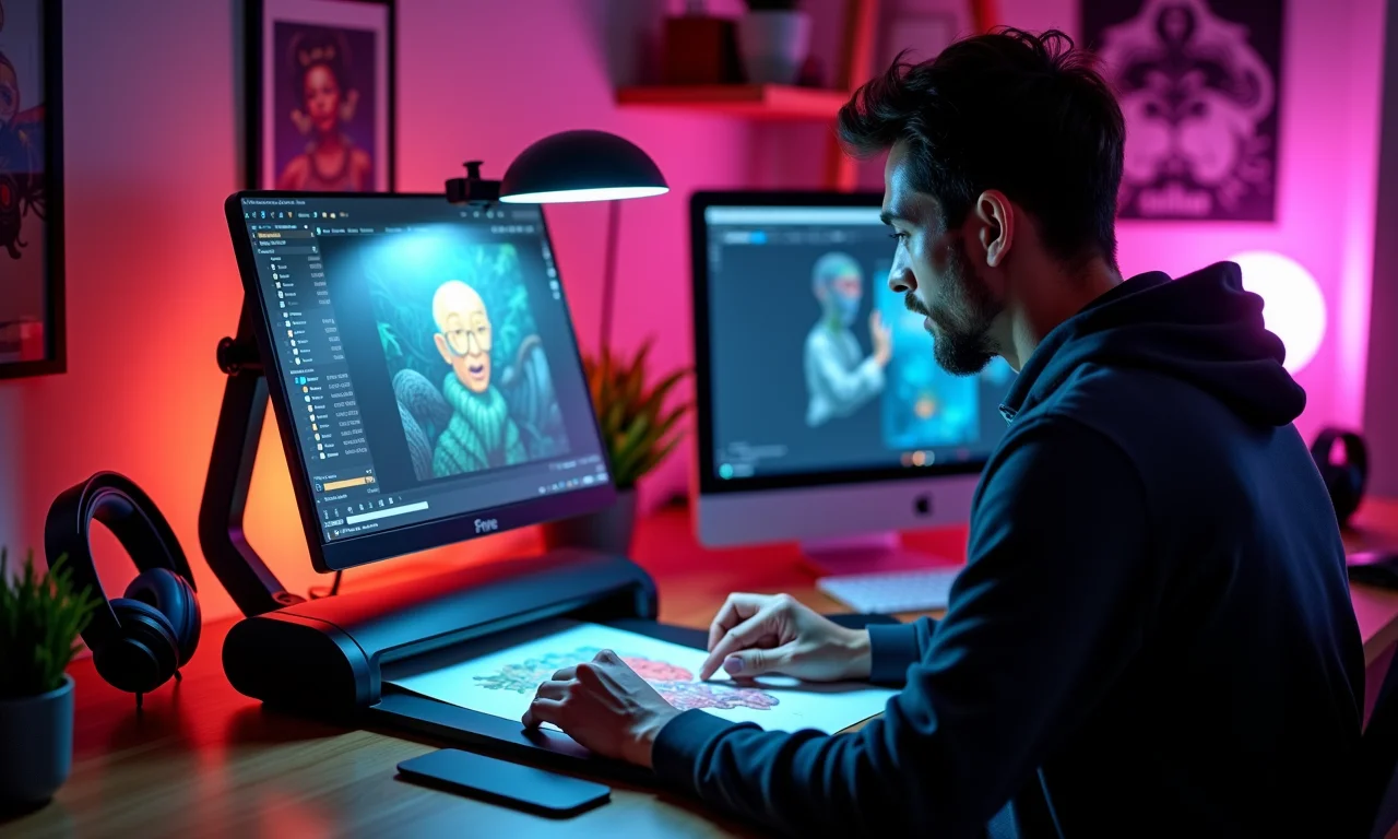 Designer gráfico usando scanner de mesa para digitalizar artes originais.