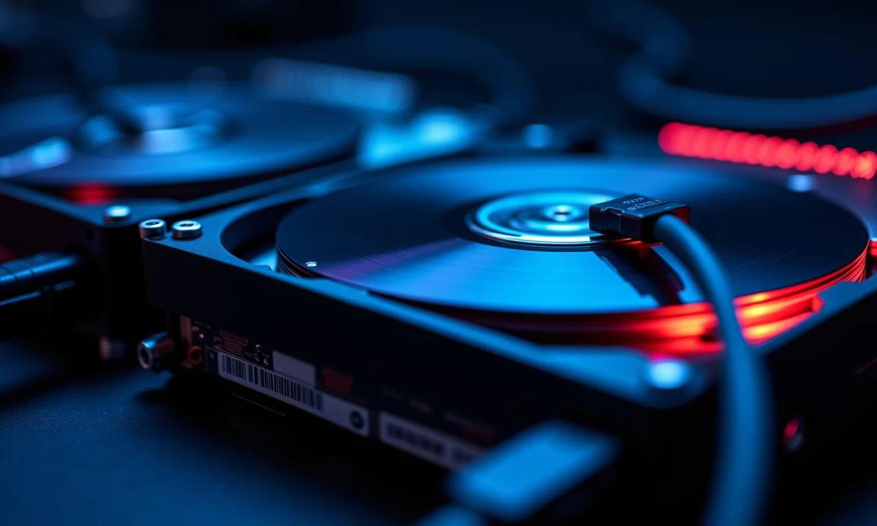 Discos rígidos de servidor com cabos de dados e iluminação RGB