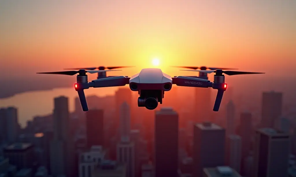 Drone moderno sobrevoando paisagem urbana futurista ao pôr do sol