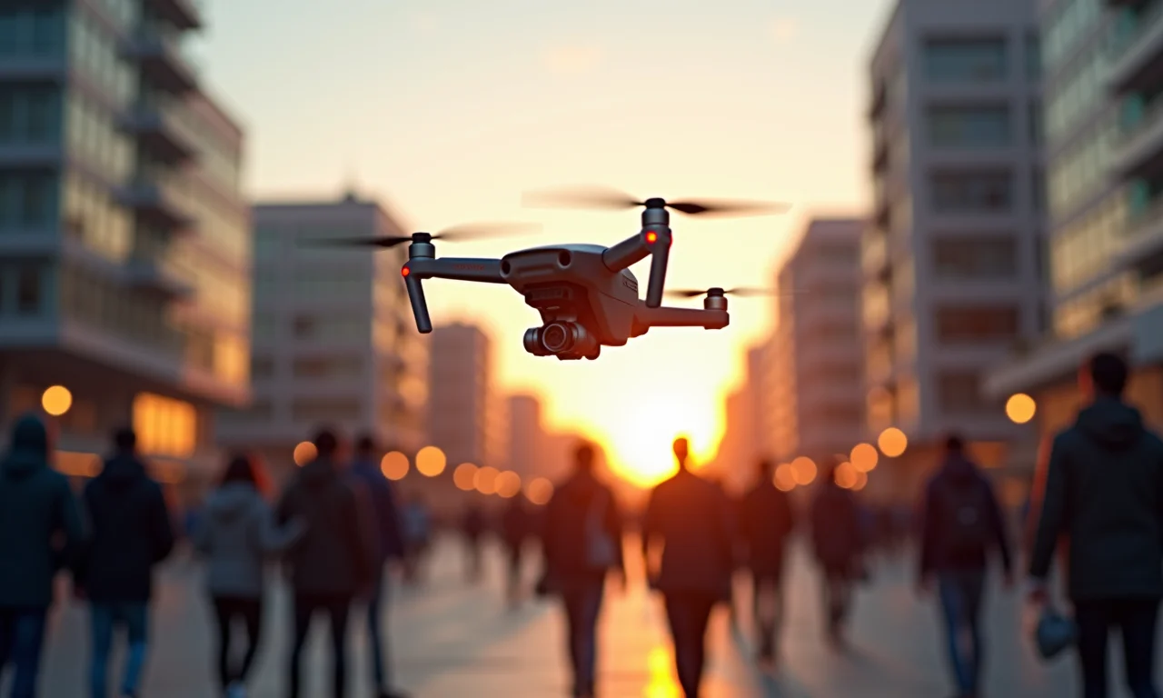 Drones multirotores sendo usados por pessoas diversas.