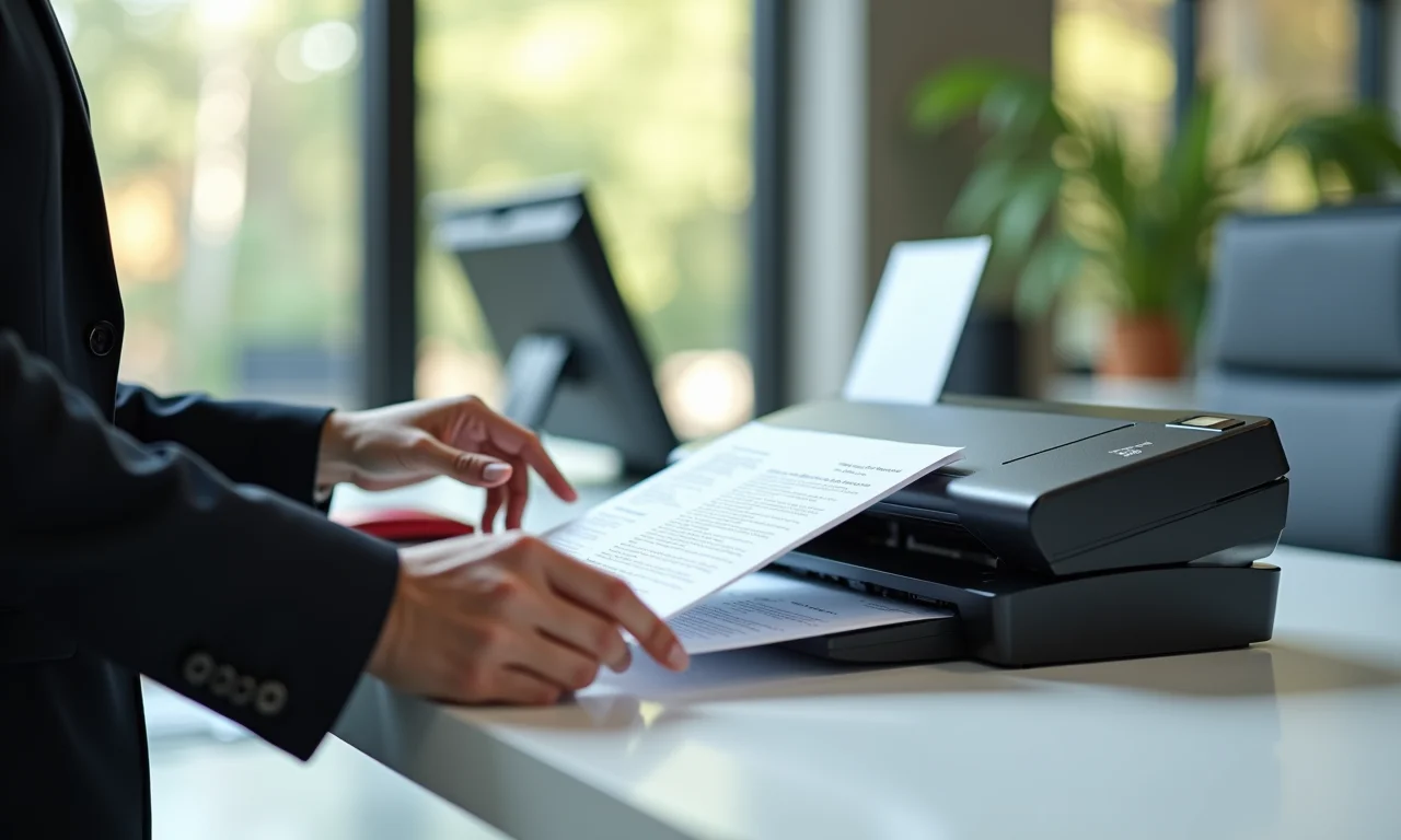 Empresária usando scanner de mesa para digitalizar documentos no escritório.