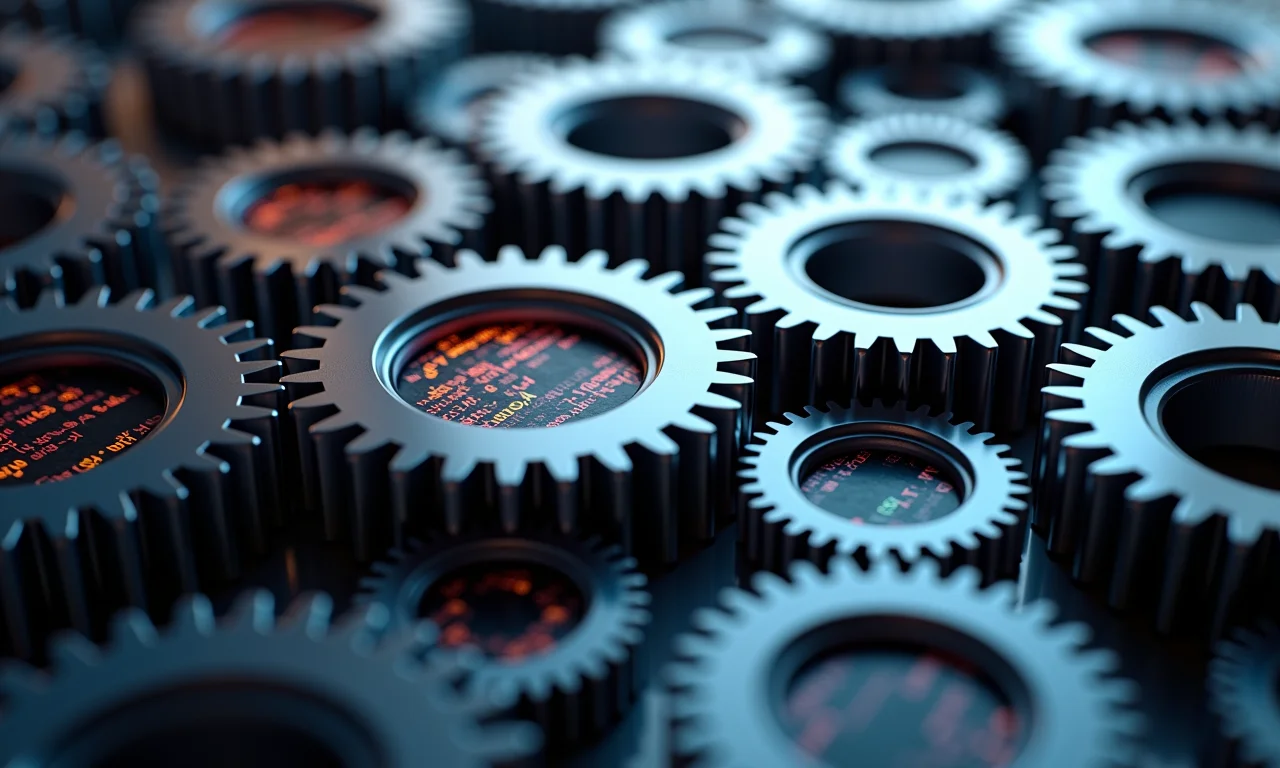 Engrenagens interligadas representando plugins WordPress.