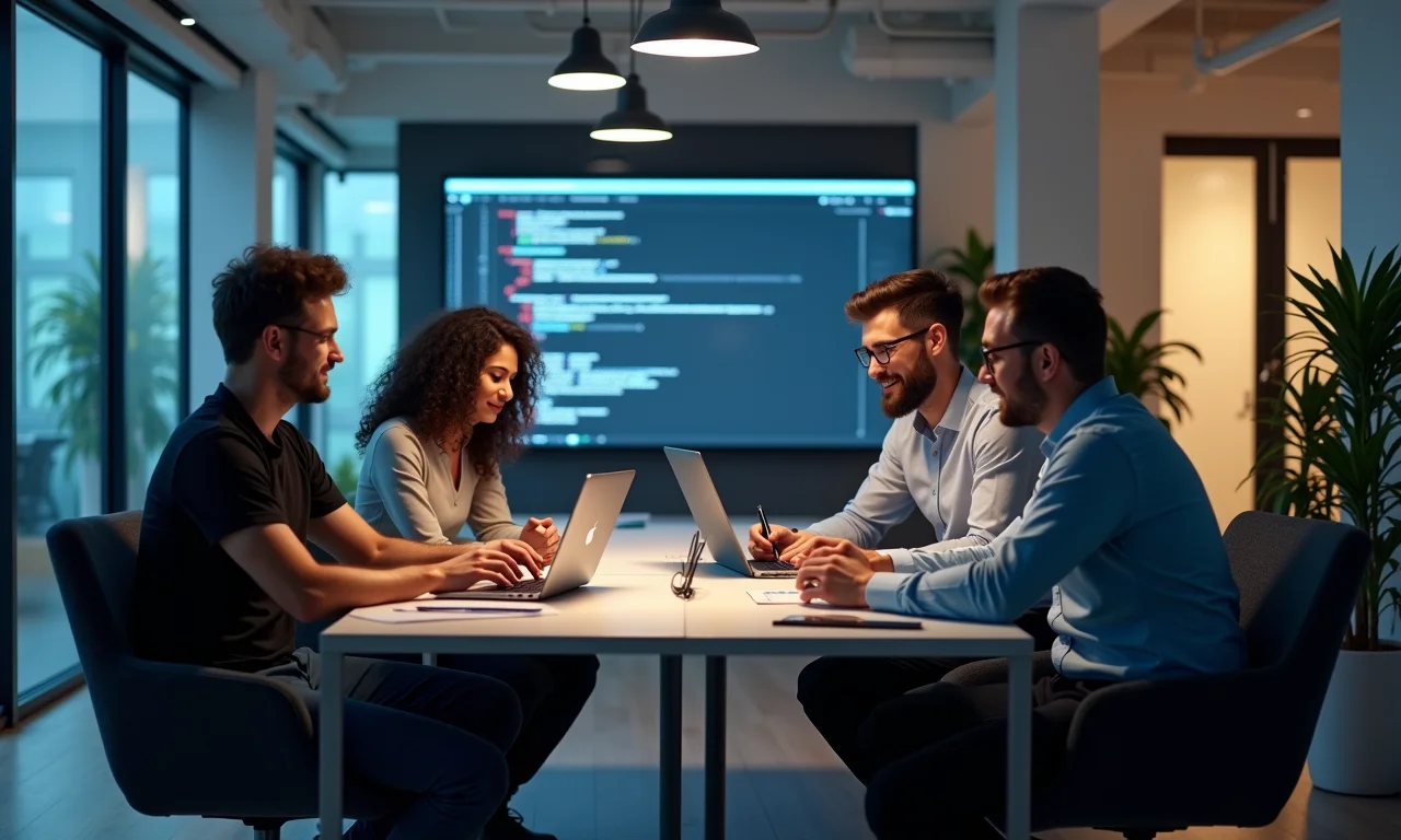 Equipe de desenvolvimento colaborando, demonstrando as vantagens do polimorfismo.