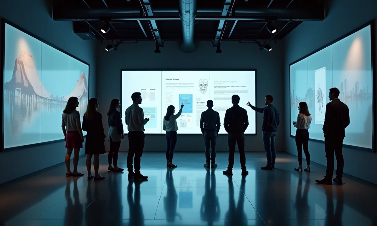 Equipe diversa projetando a interface de um museu virtual.