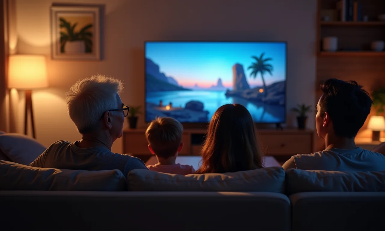 Família brasileira assistindo a um filme em uma TV QD-OLED em uma sala de estar moderna.