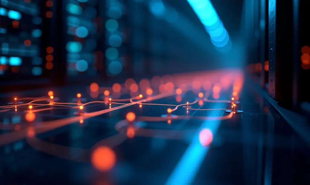 Fluxo de dados entre servidores e localizações globais representando CDN e cache