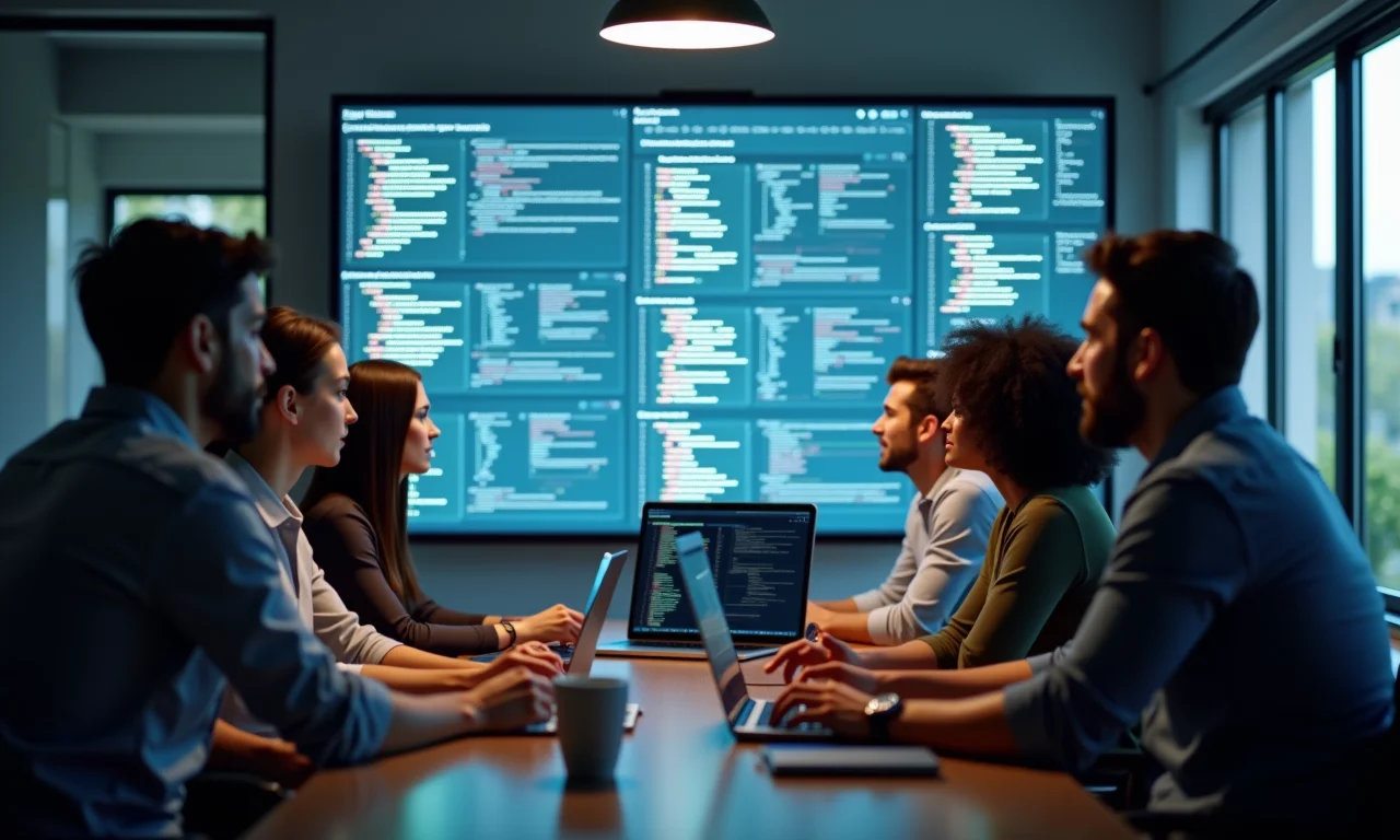 Grupo diverso de desenvolvedores brasileiros colaborando em exemplos de uso de API