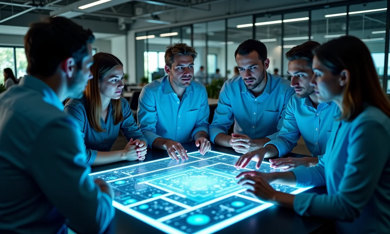 Grupo diverso de pesquisadores trabalhando em um projeto de computação neuromórfica.