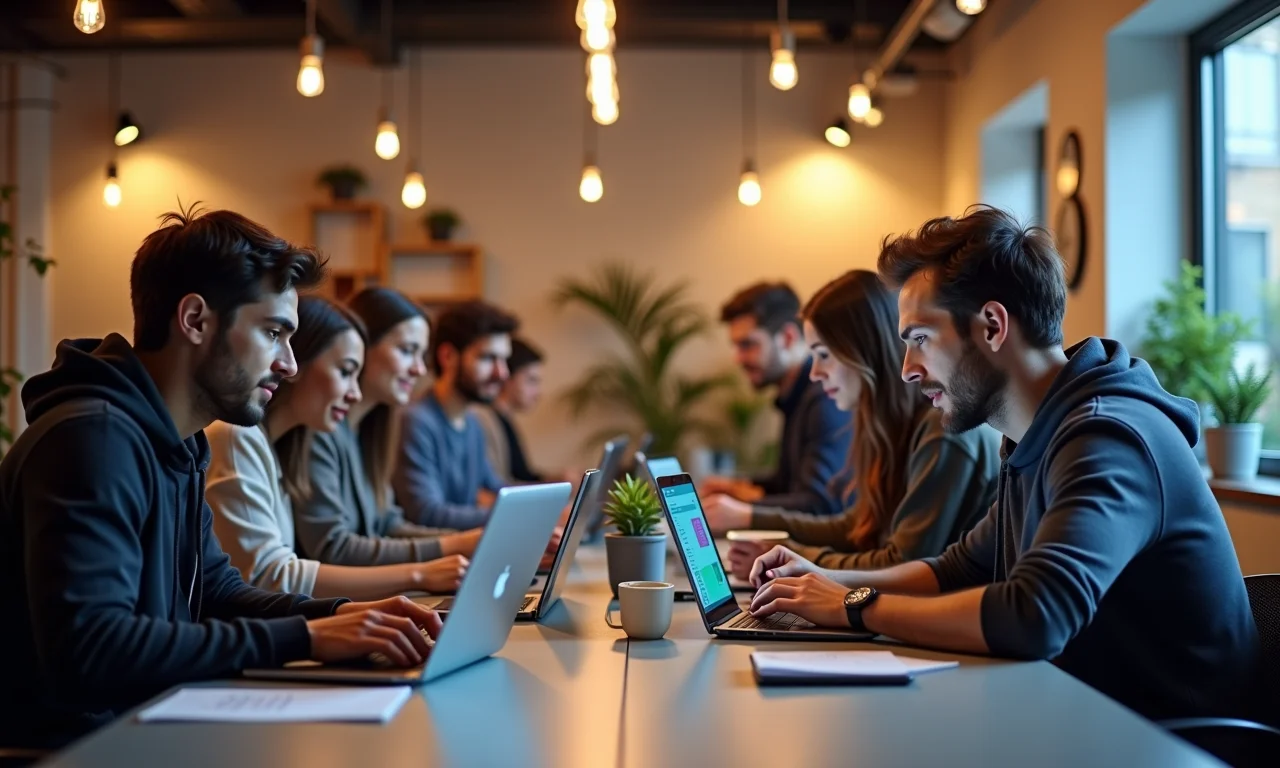 Grupo diverso desenvolvendo plugins em espaço de coworking.