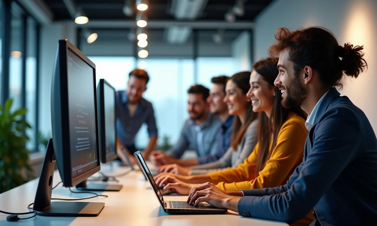 Grupo diverso discutindo fatores importantes na escolha de um monitor