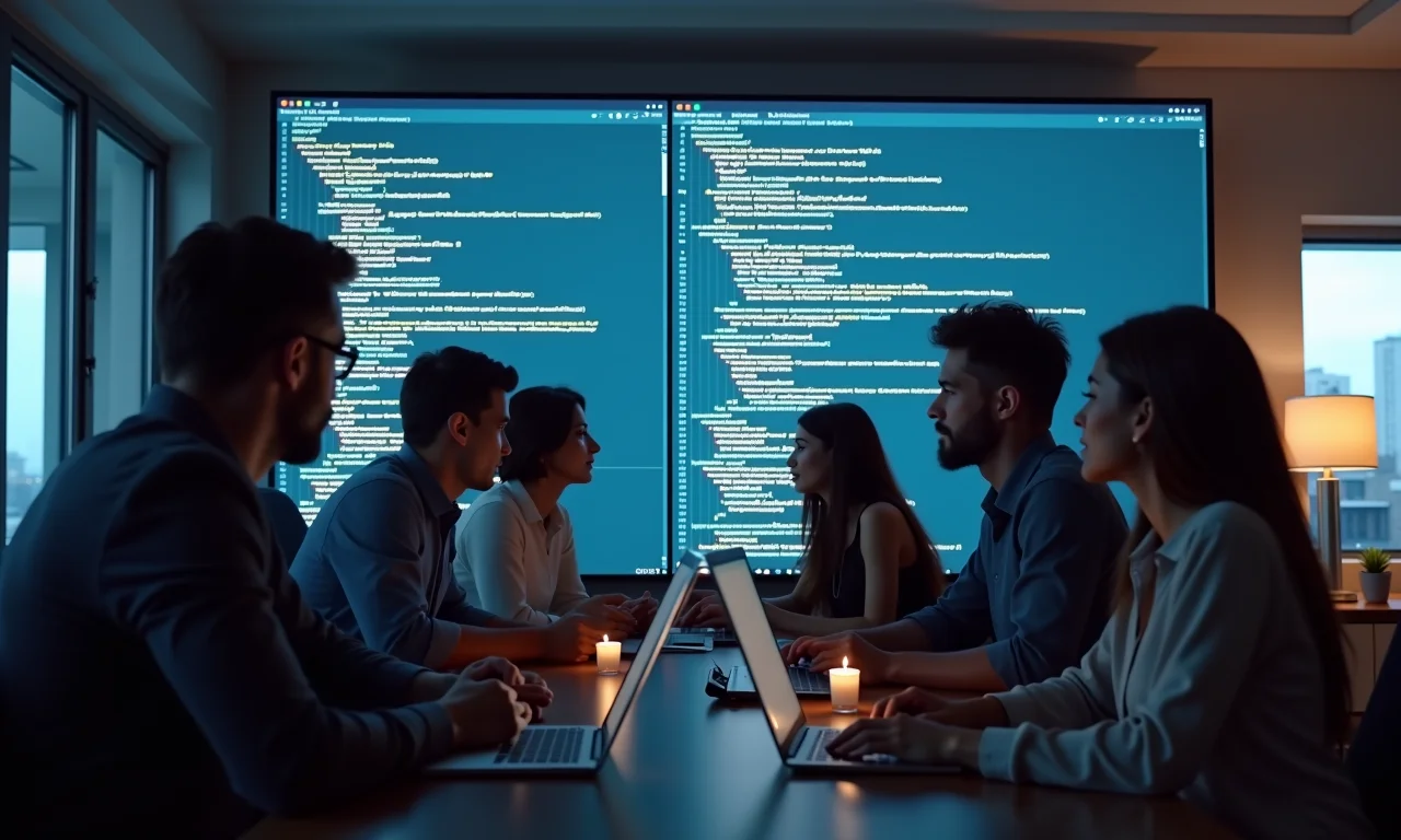 Grupo diverso revisando código em escritório moderno.