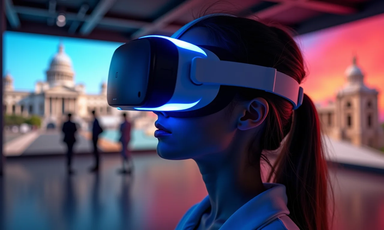 Headset de realidade virtual exibindo um museu virtual.