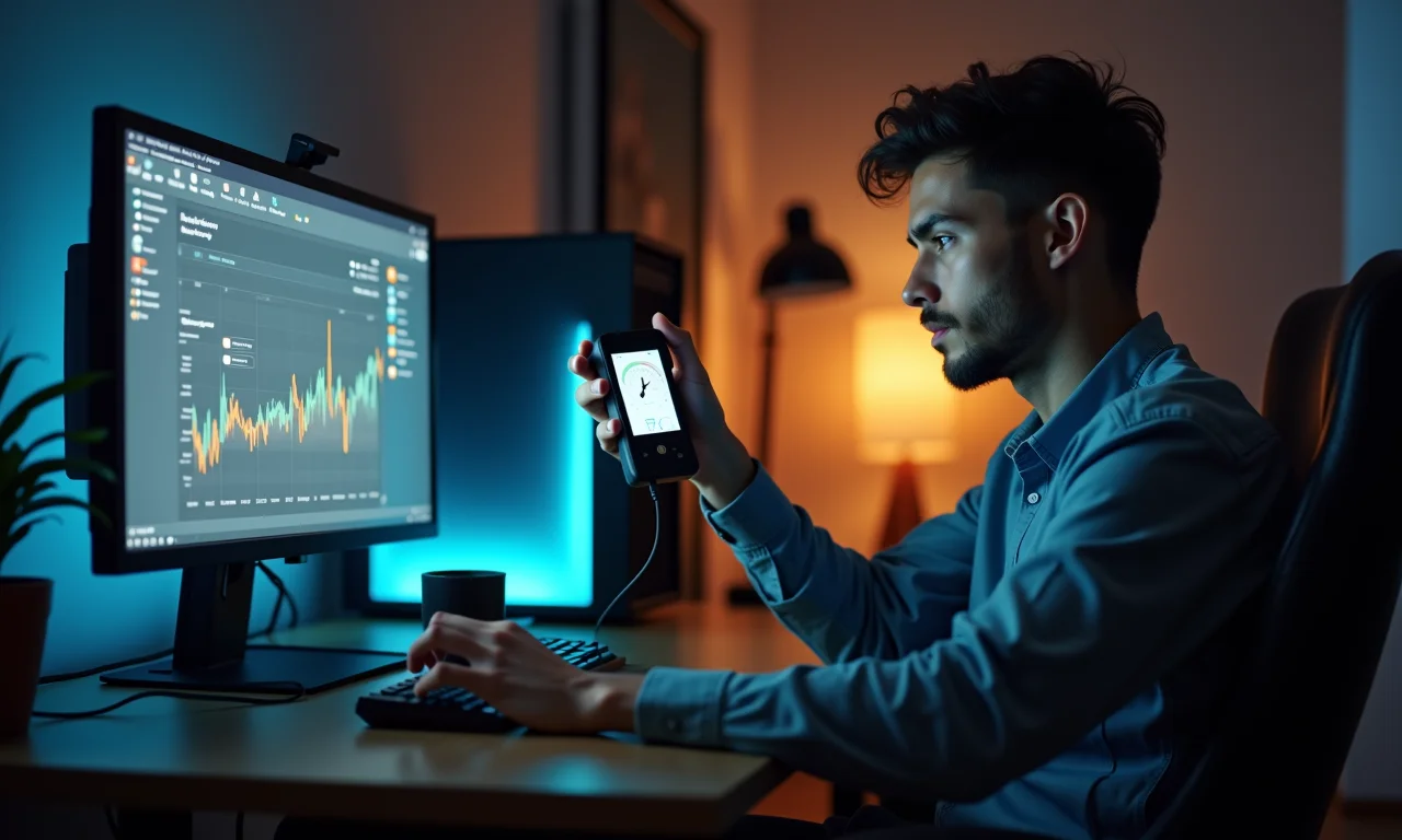 Homem medindo o consumo de energia do PC em casa