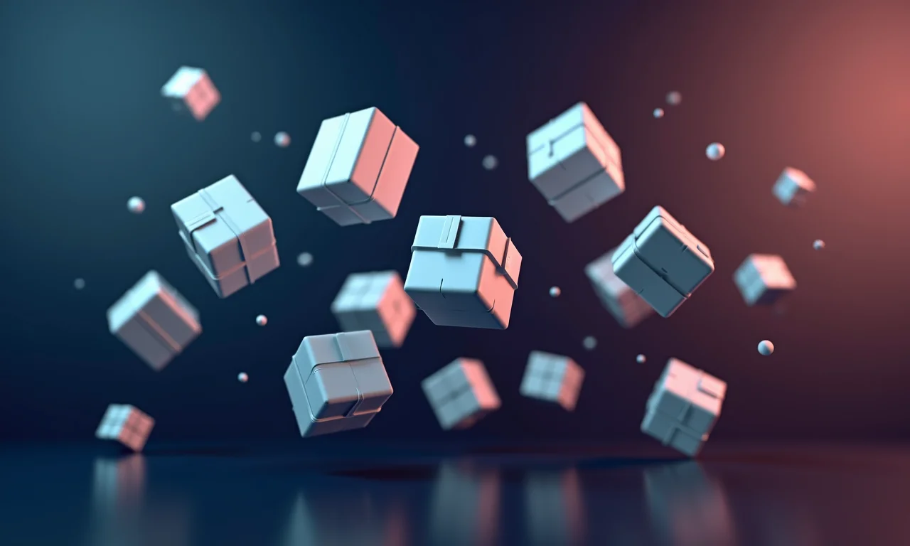 Ícones de pacotes flutuando, representando o gerenciamento de dependências.