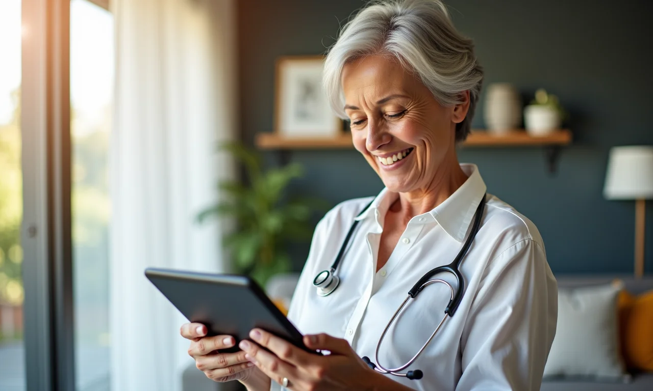 Idosa acompanhando dados de saúde em tablet.