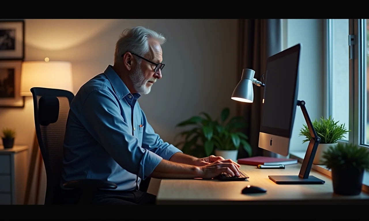 Idoso ajustando mesa ajustável em home office.