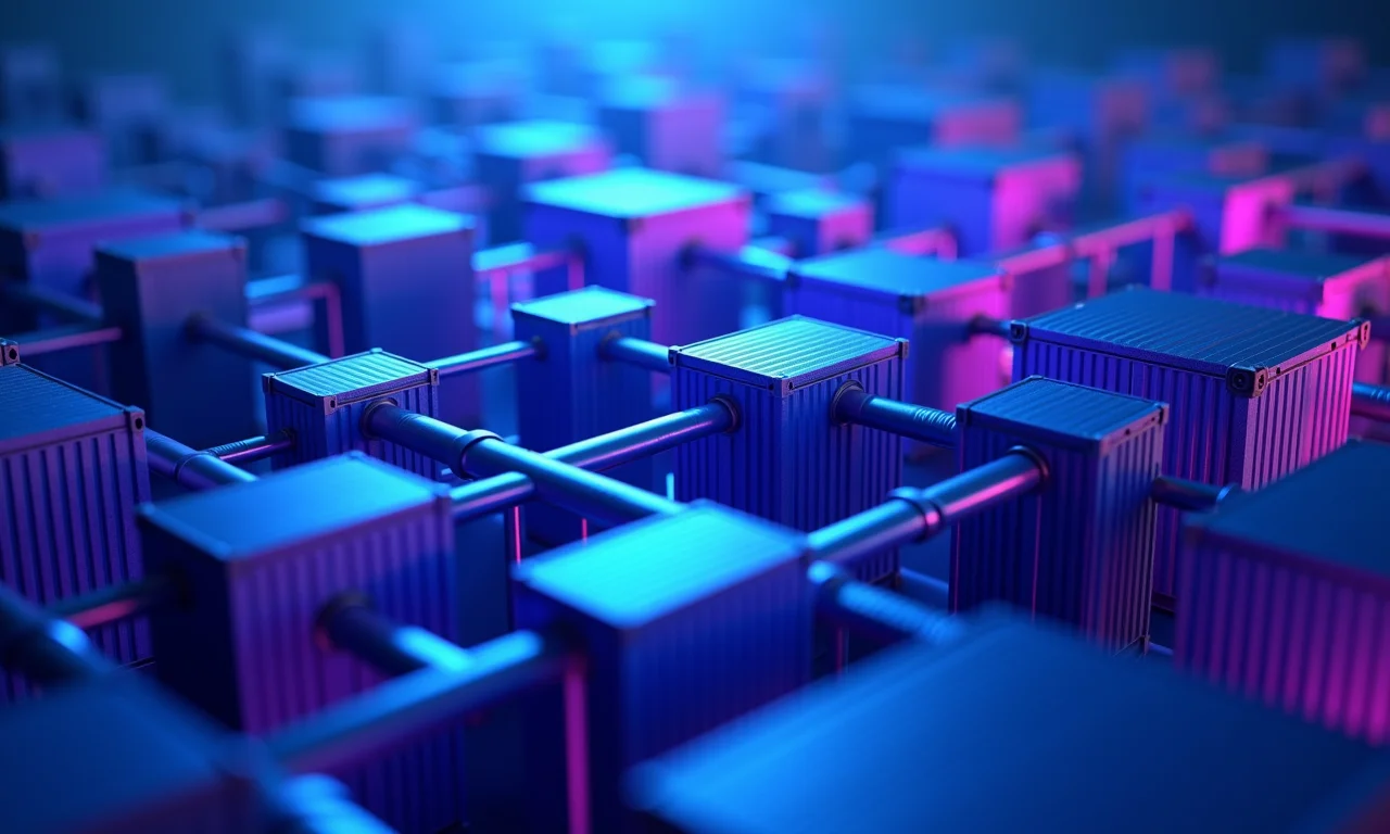 Imagem conceitual de containers interligados, representando a tecnologia Buildpacks.