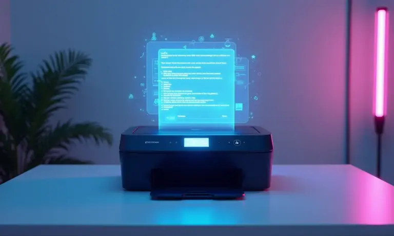 Impressora futurista com hologramas de erro.