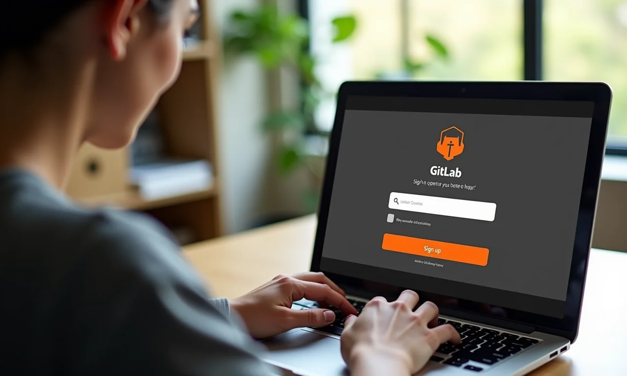Jovem criando conta no GitLab em laptop