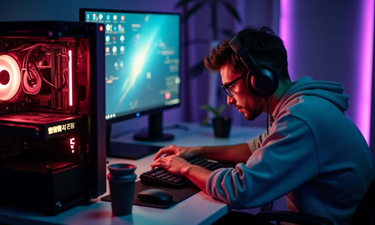 Jovem montando um PC gamer de alto desempenho com foco em astronomia.