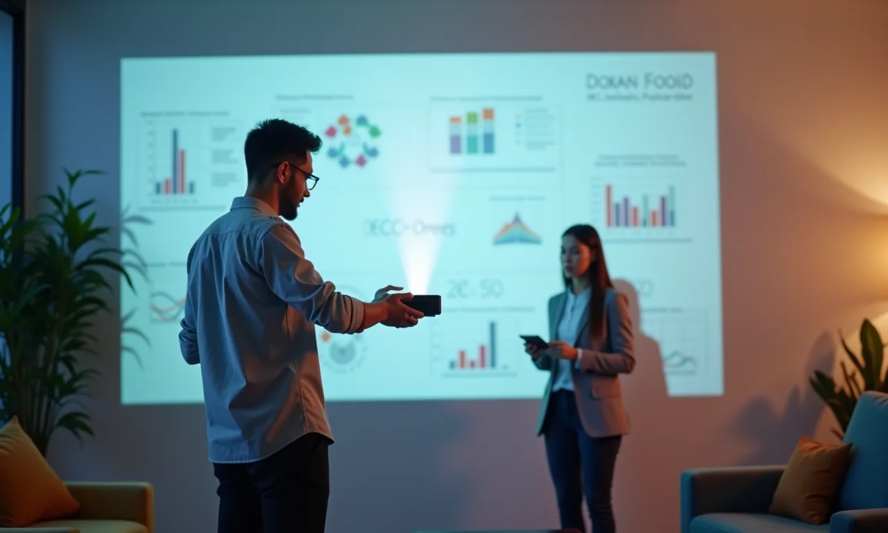 Jovem profissional usando projetor portátil em espaço de coworking.