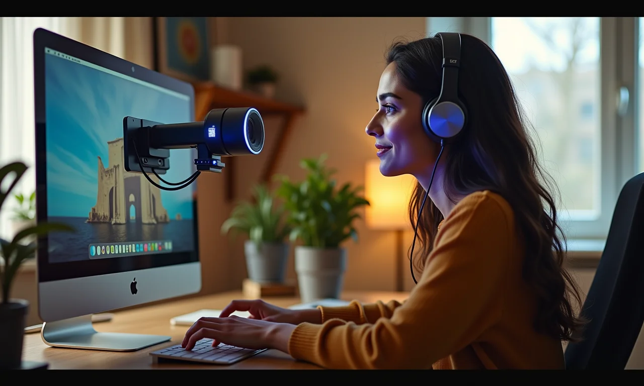 Jovem utilizando webcam para streaming em casa.