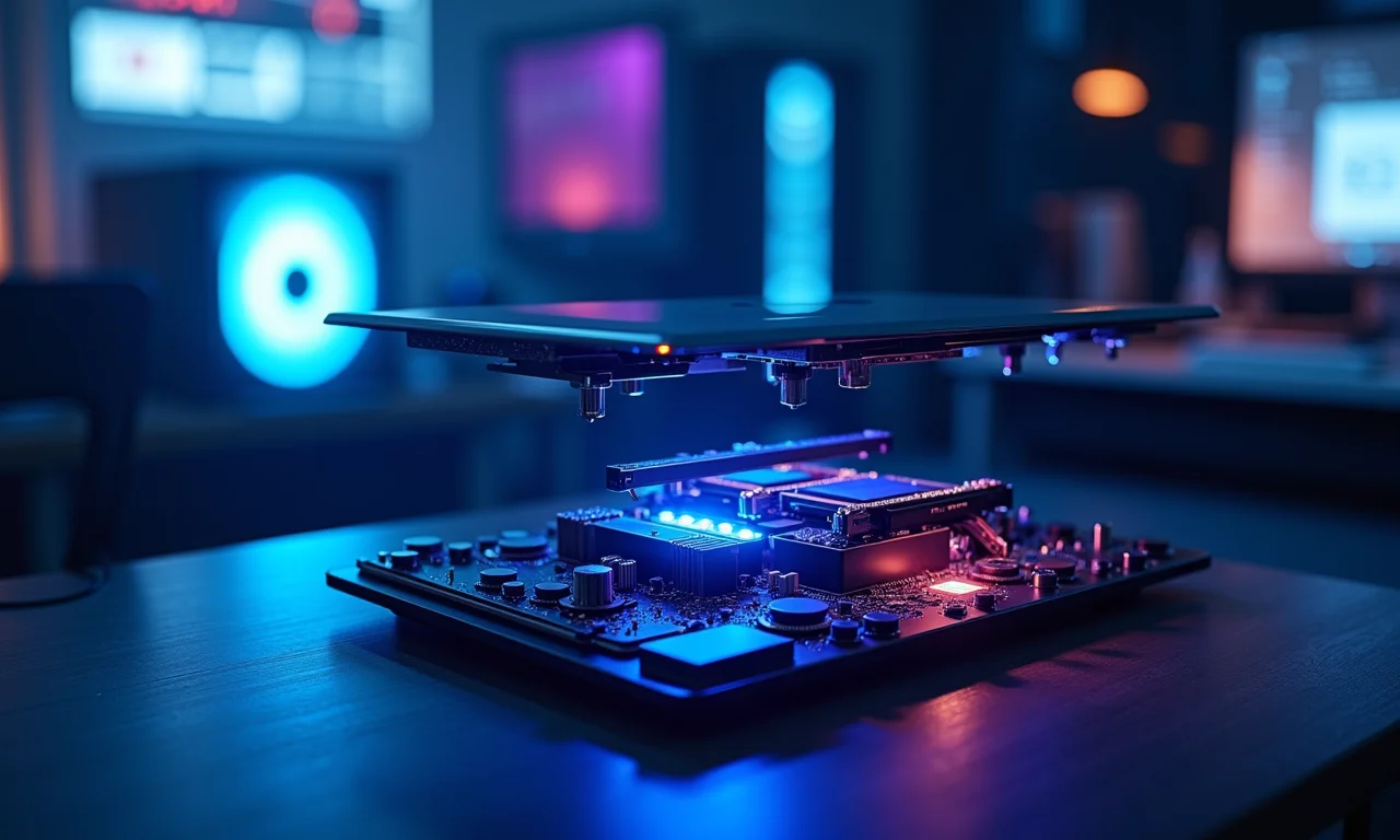 Laptop recondicionado com componentes expostos em ambiente futurista.