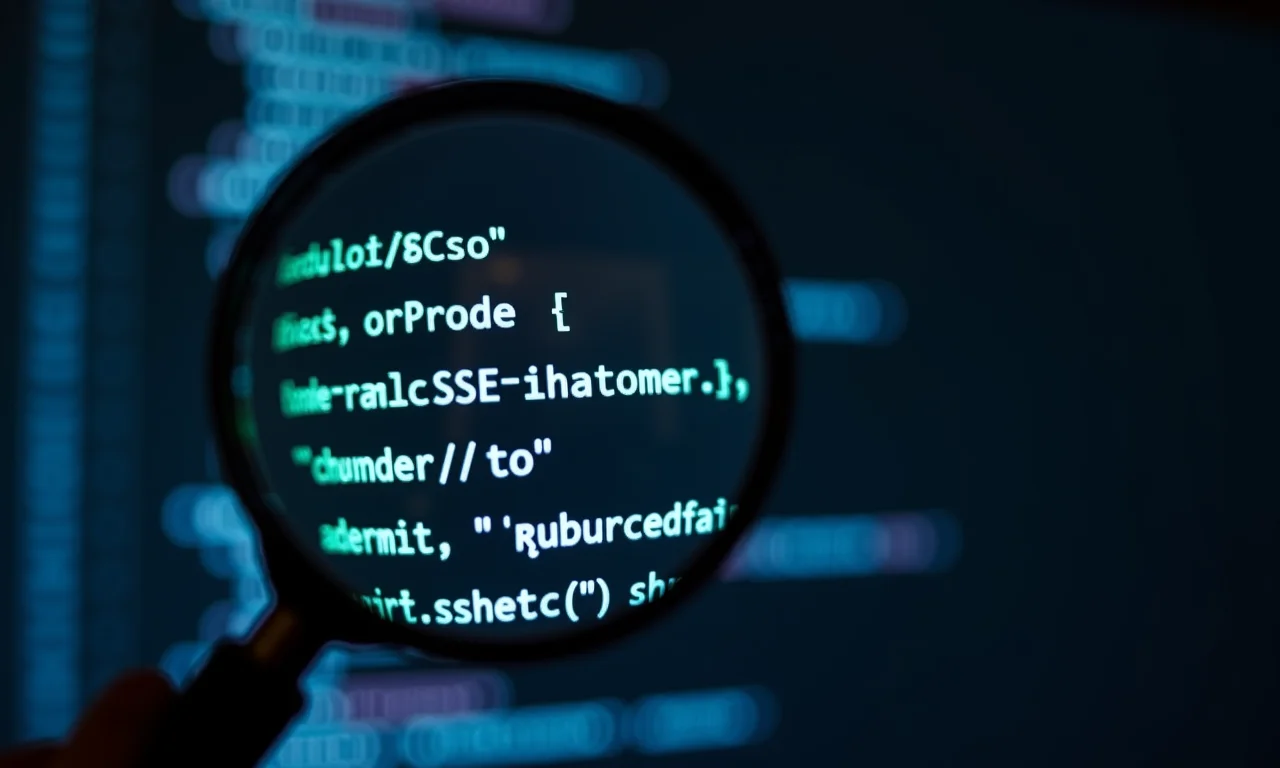 Lupa examinando código de site em busca de palavras-chave.