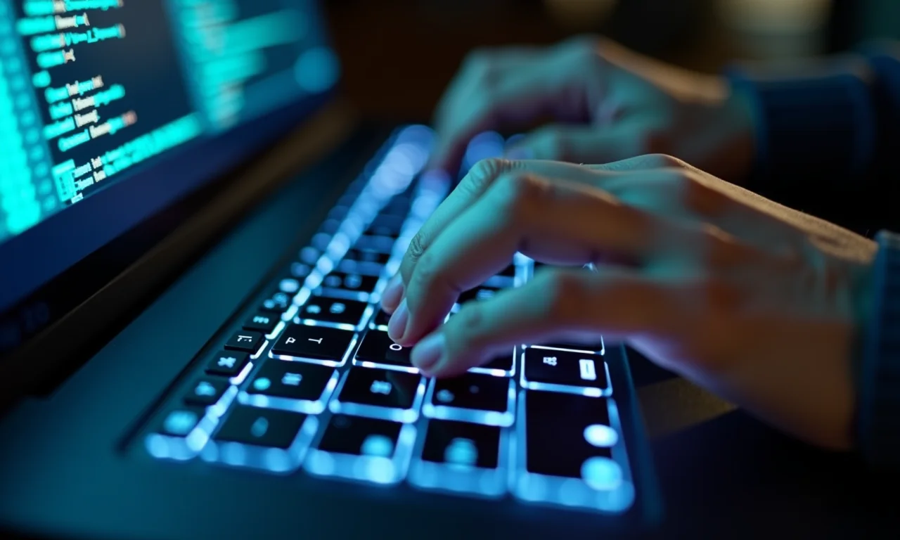 Mãos digitando em teclado futurista com código blockchain