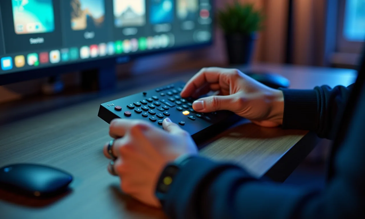 Mãos diversas usando controle remoto de projetor.