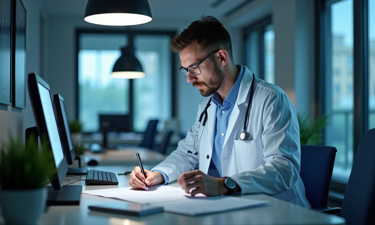 Médico usando scanner de mesa para digitalizar prontuários em clínica.
