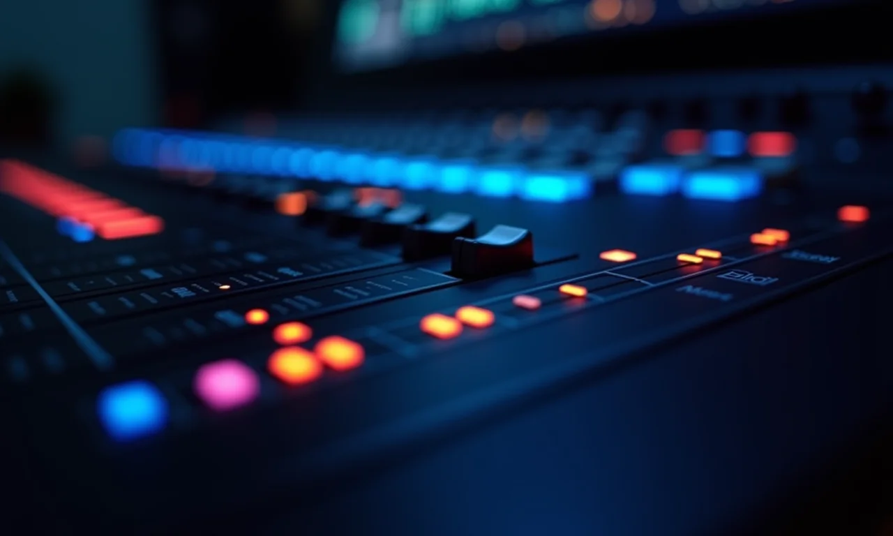 Mesa de edição de áudio profissional com visualização de ondas sonoras.