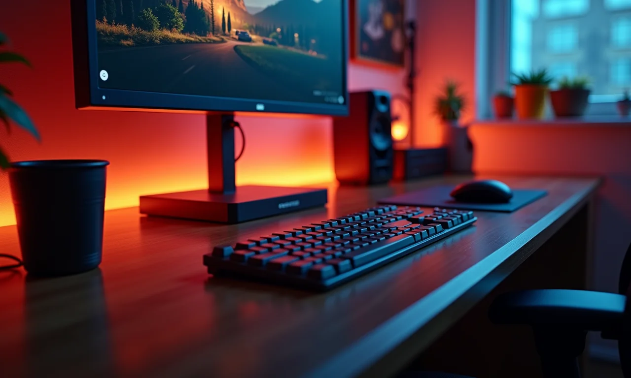 Mesa de trabalho estilosa com iluminação ambiente e arte.