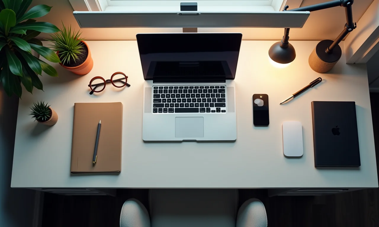 Mesa de trabalho organizada com laptop e acessórios minimalistas.