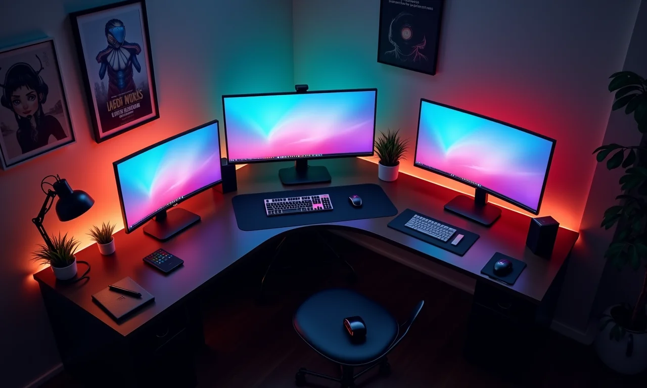 Mesa em L com múltiplos monitores otimizando espaço de canto.