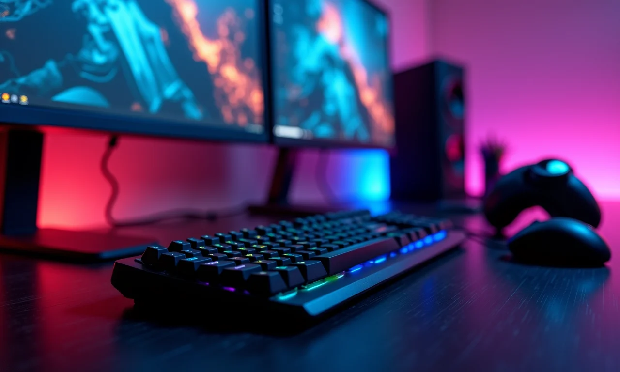 Mesa gamer com iluminação RGB e periféricos de jogos.