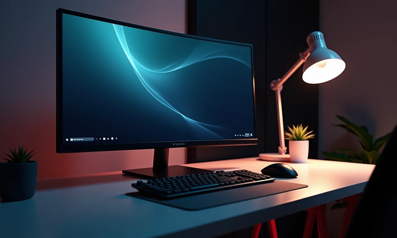 Mesa retangular clássica com monitor, teclado e mouse.