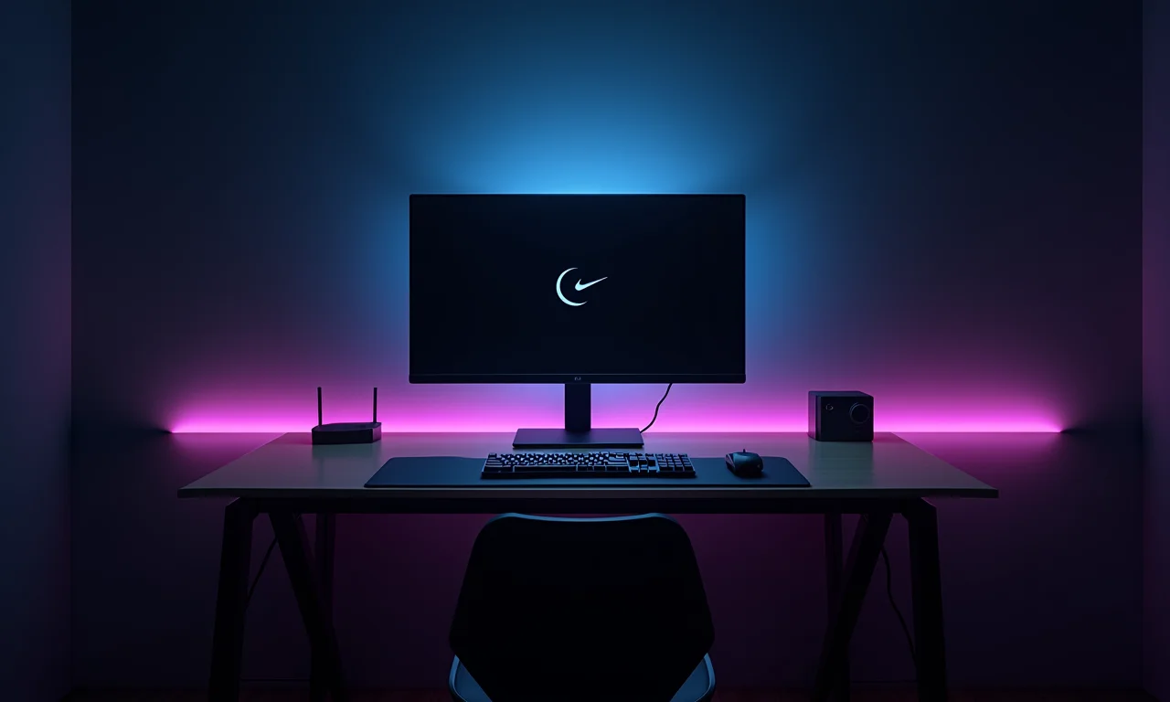 Mesa setup PC futurista com iluminação RGB e design minimalista.