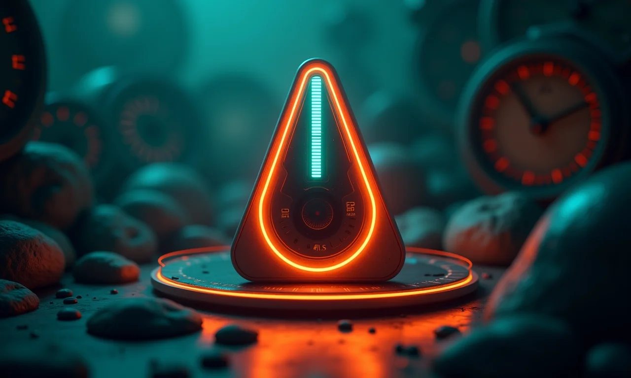 Metrônomo com brilho neon representando ritmo e sincronia.