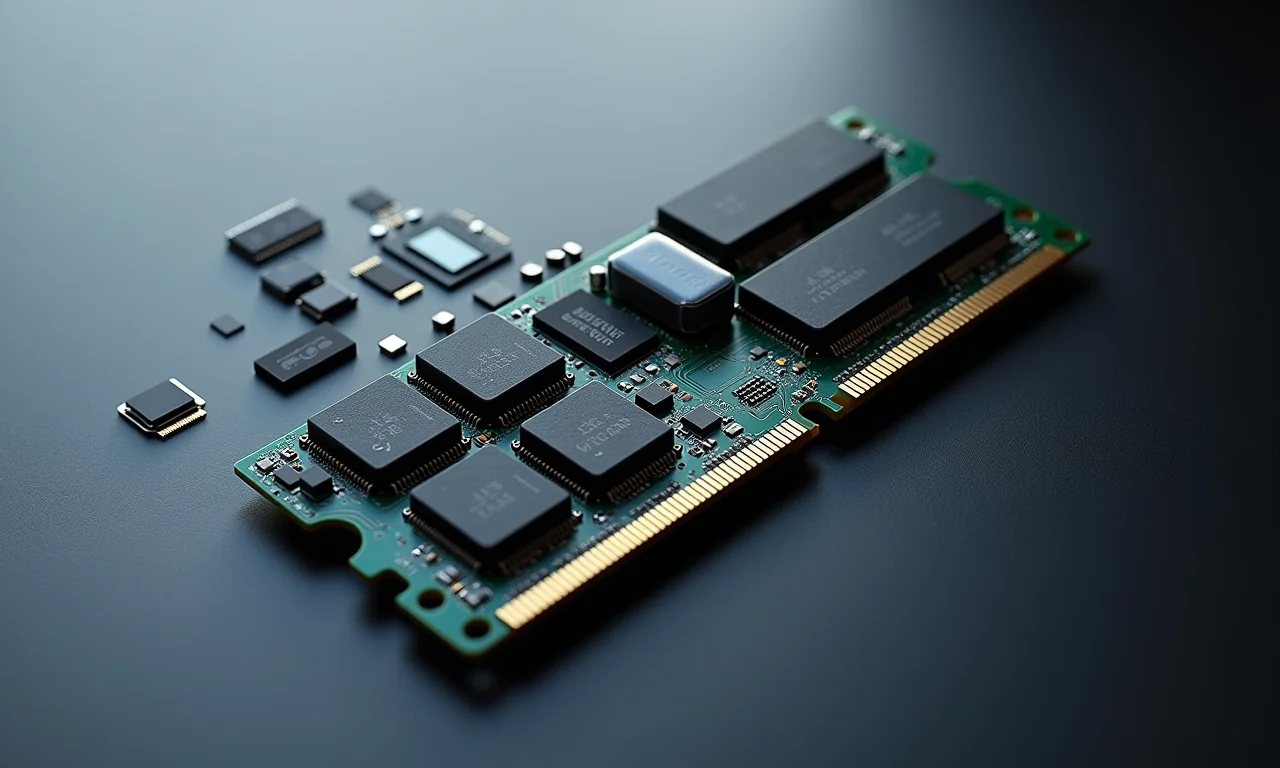 Módulo de memória RAM com seus componentes internos expostos.