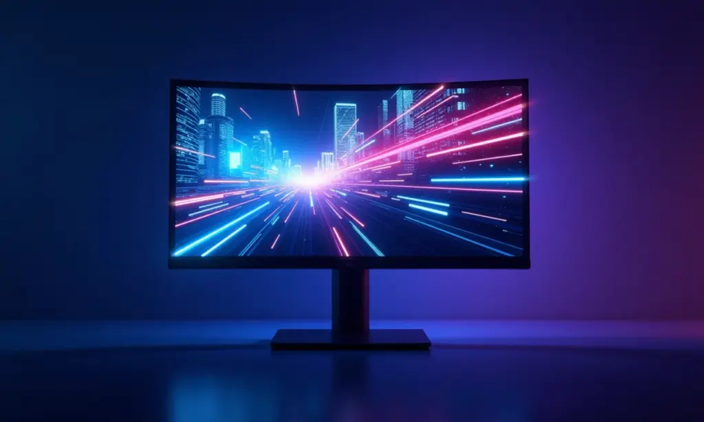 Monitor gamer exibindo gráficos de alta performance sem rastros