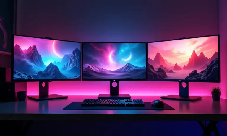Monitores IPS, VA e OLED lado a lado, exibindo gráficos vibrantes