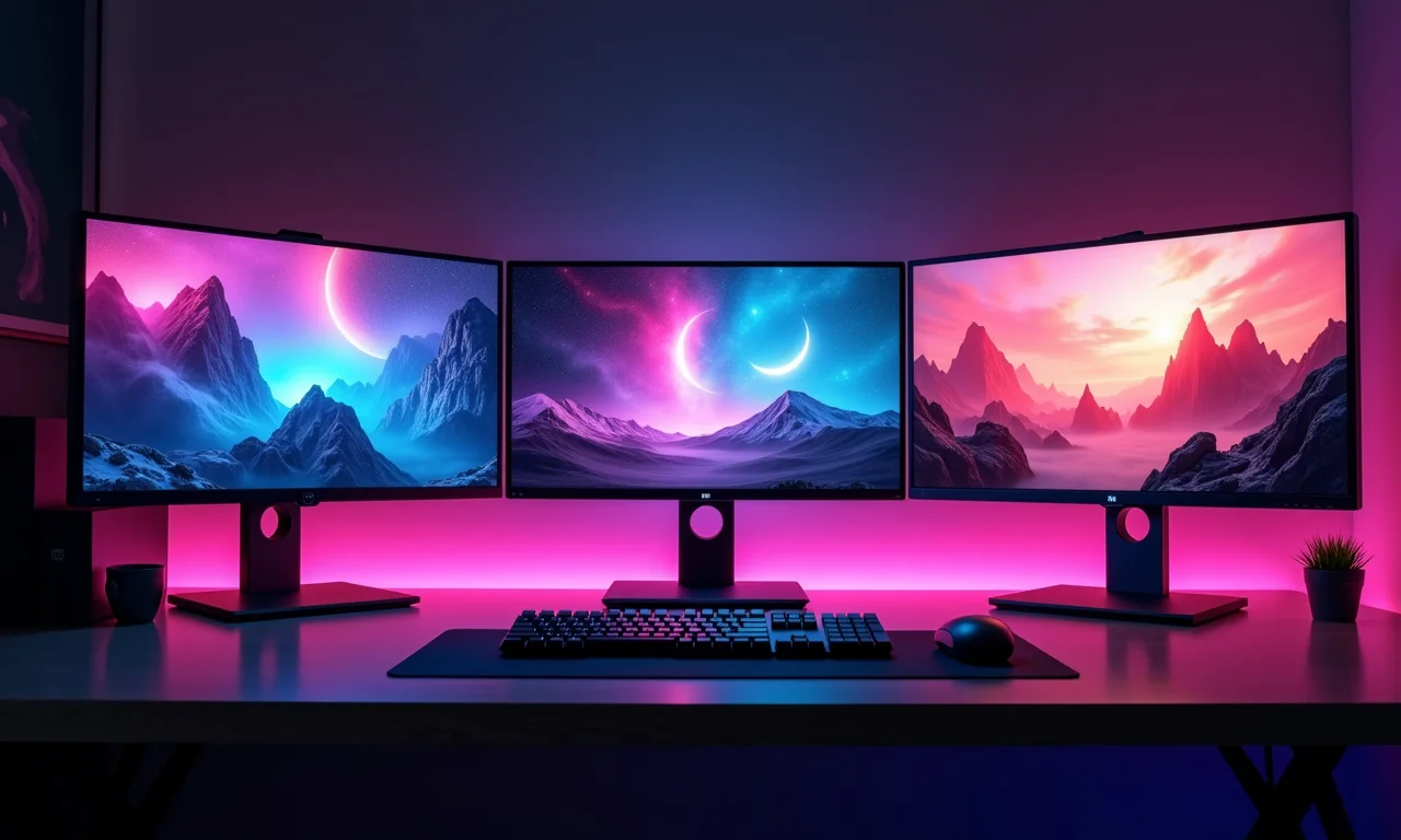 Monitores IPS, VA e OLED lado a lado, exibindo gráficos vibrantes