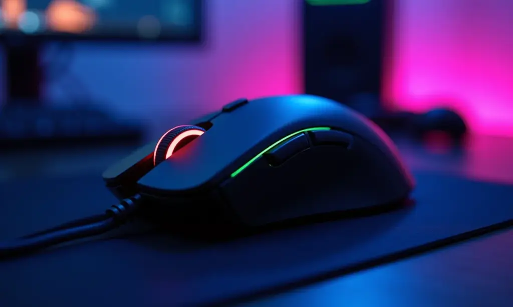 Mouse gamer leve em destaque com iluminação vibrante