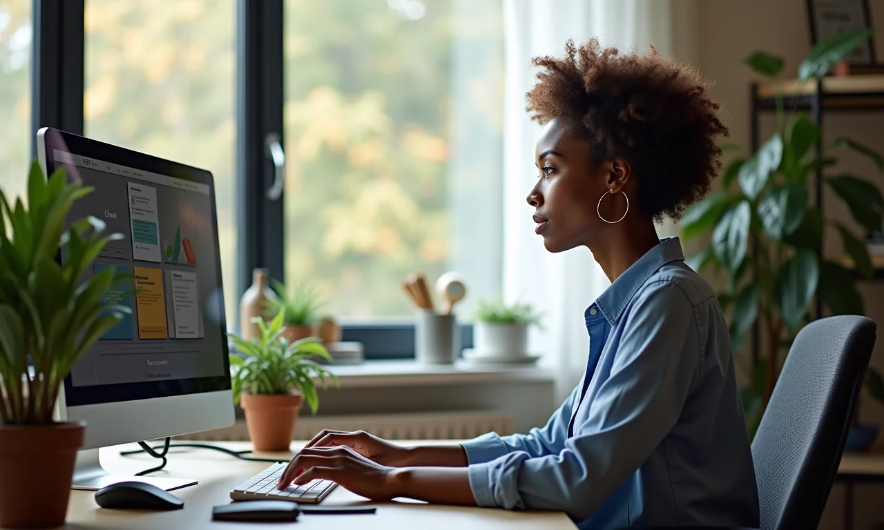 Mulher ajustando monitor ergonômico em home office moderno.