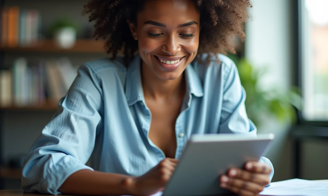 Mulher analisando detalhadamente conteúdo para audiodescrição.